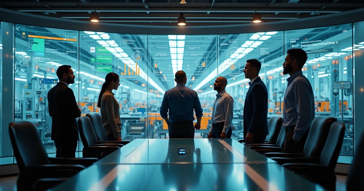Equipe de gestão analisando painel integrado de indicadores em fábrica moderna 