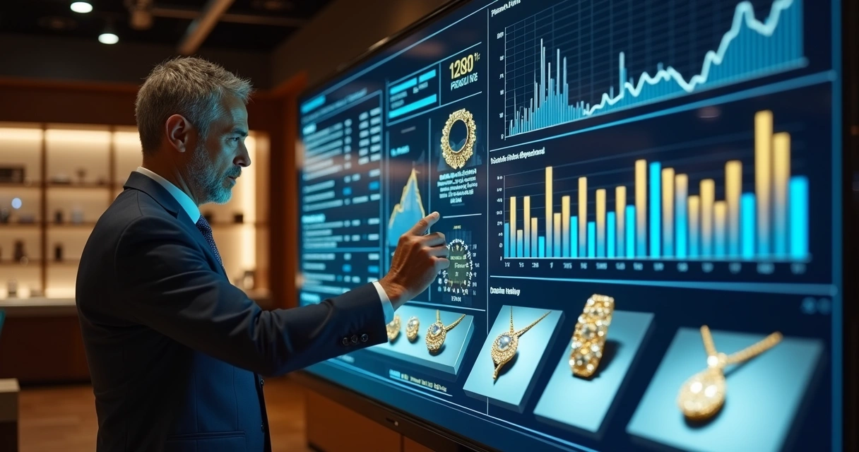 Gestor de joalheria analisando painel digital de vendas, estoque e produção 
