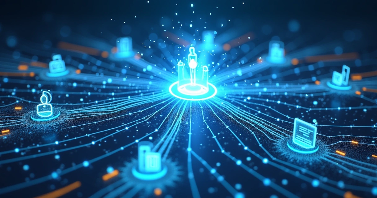 Representação dos setores de uma empresa conectados por fluxos digitais 