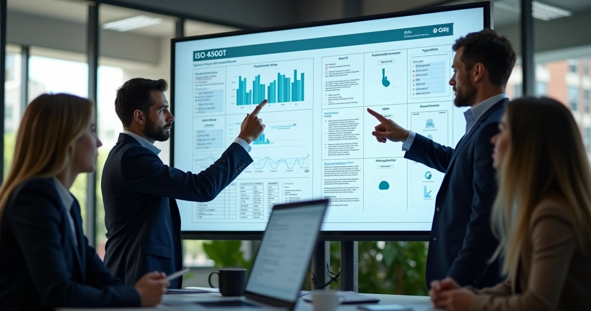 Equipe avaliando PGR e ISO 45001 em monitor de computador 