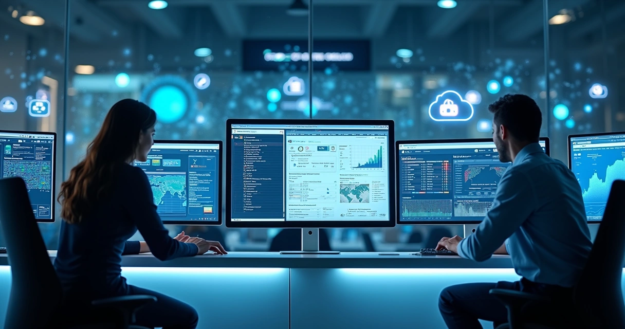 Profissionais de tecnologia trabalhando com múltiplas telas que mostram dashboards de gestão de TI, segurança digital, e sistemas em nuvem 
