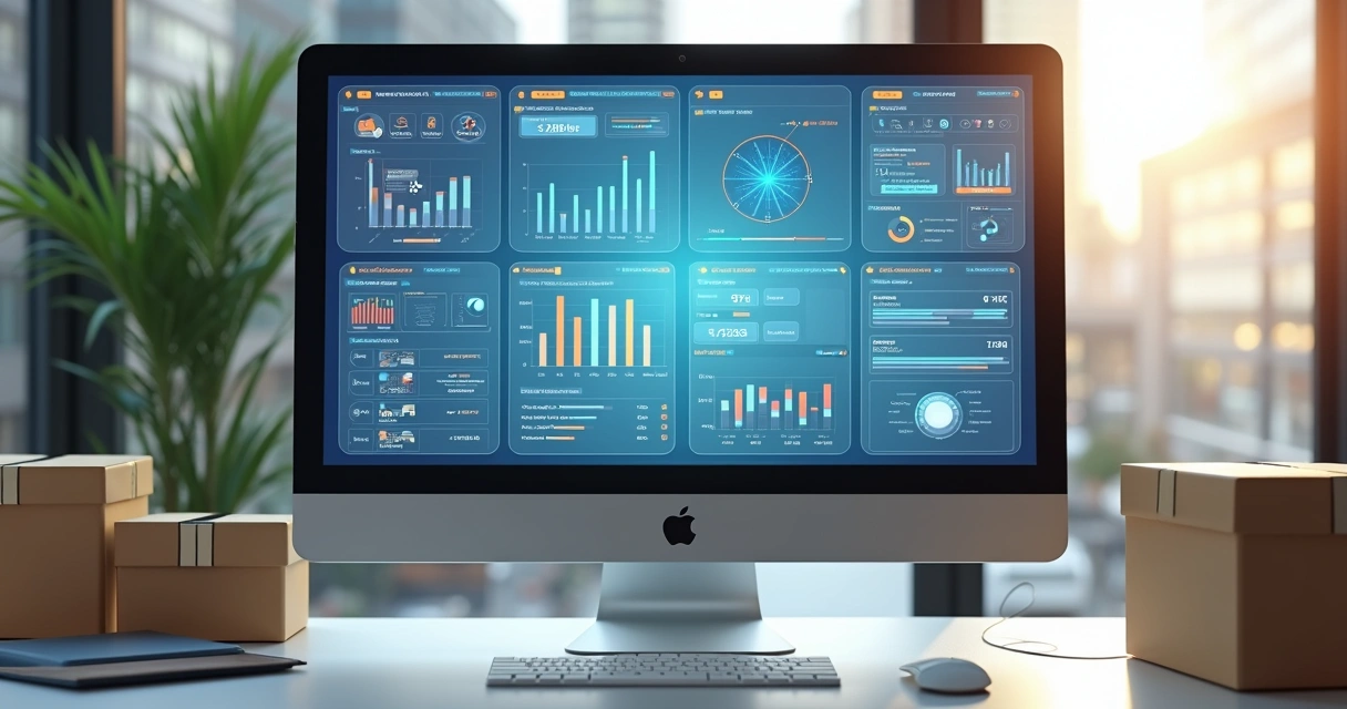 Tela de computador exibindo plataforma de gestão integrada de vendas com gráficos de estoque e vendas em diferentes marketplaces 