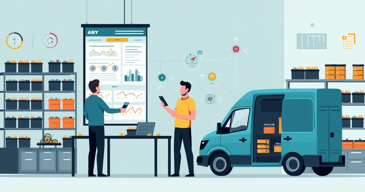 Ilustração de gestor acompanhando painel digital de gestão de estoque de baterias automotivas 