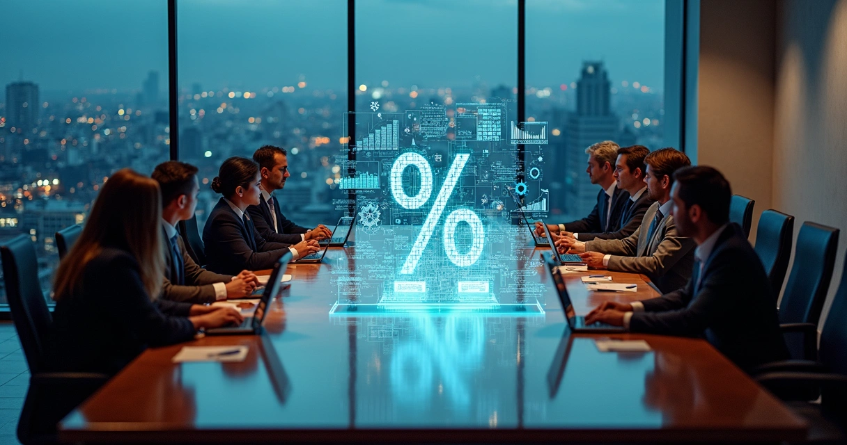 Sala de reuniões com mesa em forma de símbolo de imposto e painel digital com dados tributários 