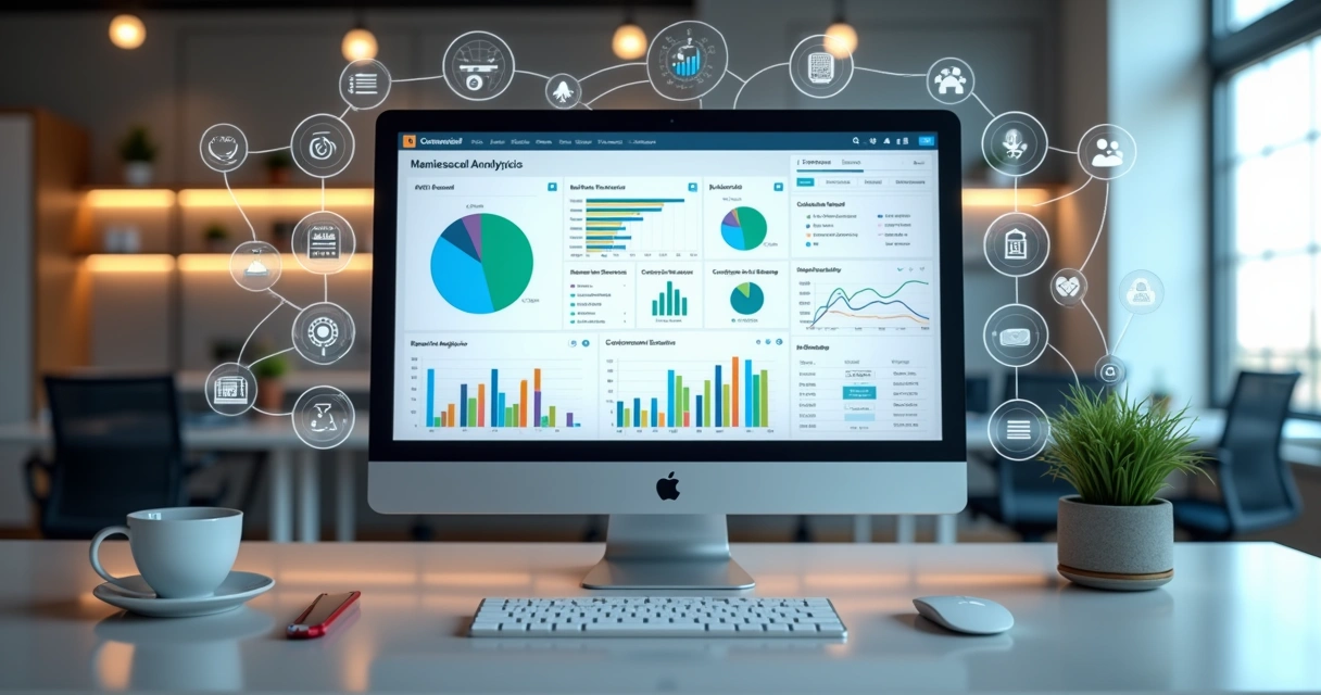 Painel financeiro digital com gráficos, dados e ícones de integração em tela de computador moderno 