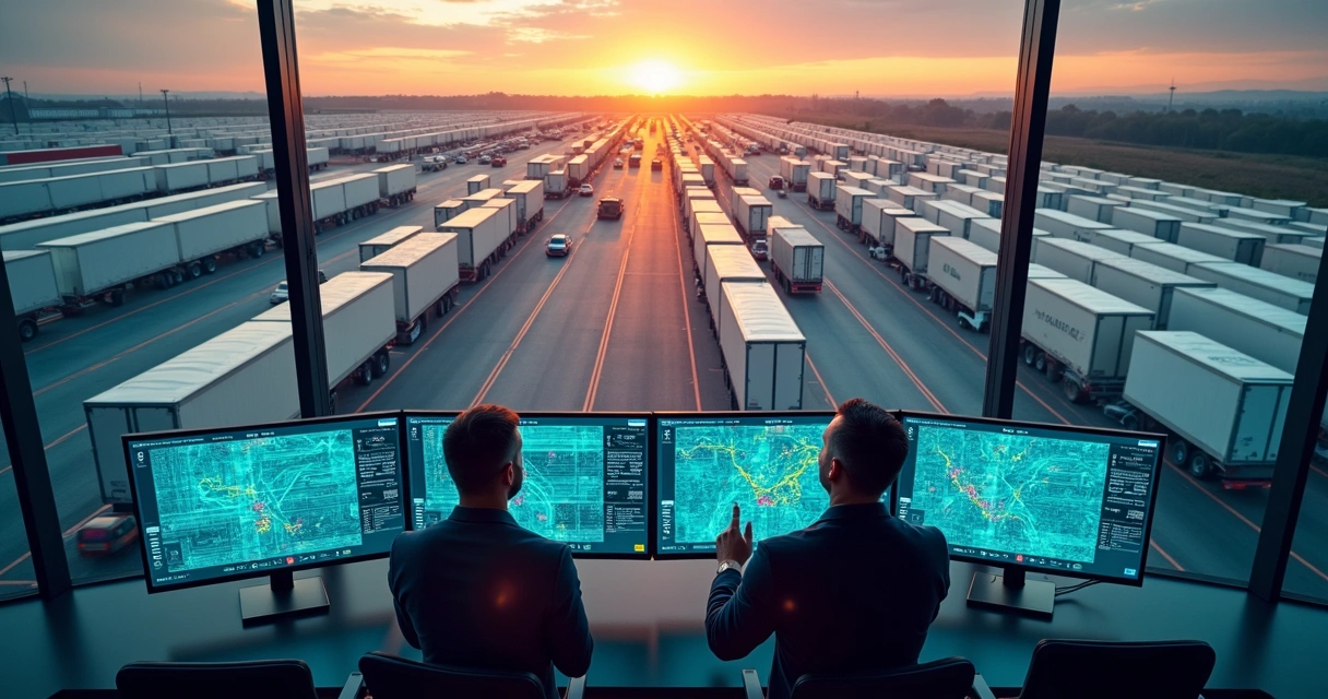 Vista aérea de pátio de veículos com sistema digital de gestão em telas gigantes 