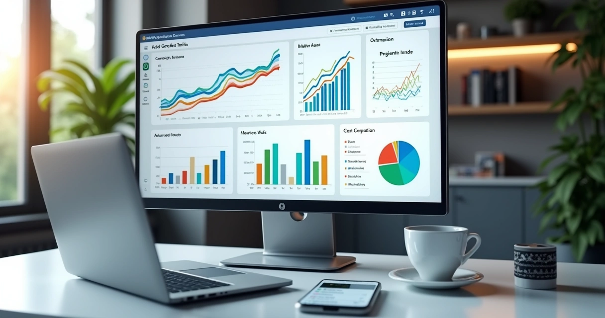 Dashboard de gestão de campanhas de anúncios pagos exibindo gráficos de performance e redução de custos 