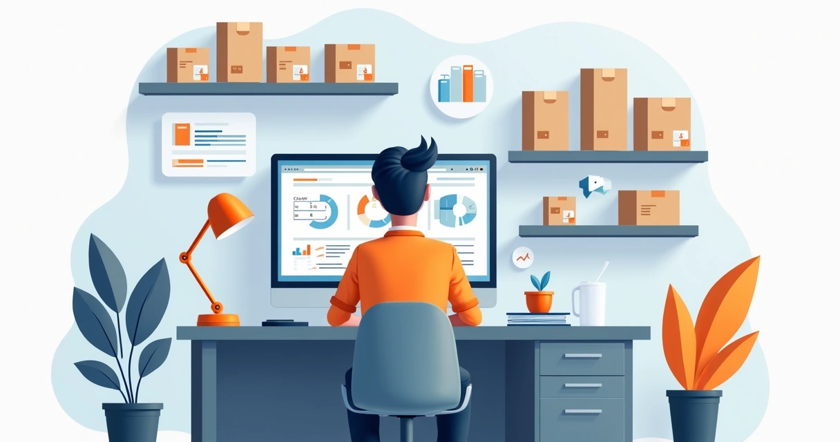 Gestão de pedidos de estoque terceirizado com computador e relatórios na tela 