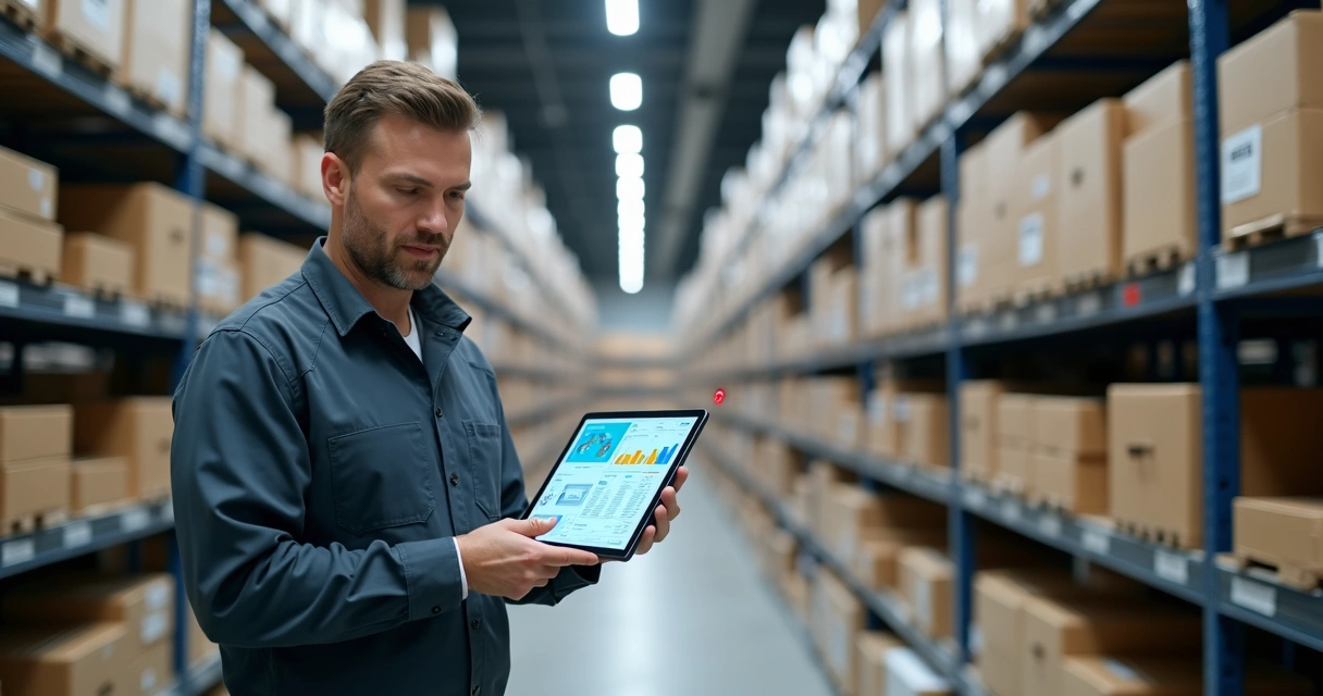 Gestor analisando dashboard de inventário em armazém de varejo com prateleiras organizadas 