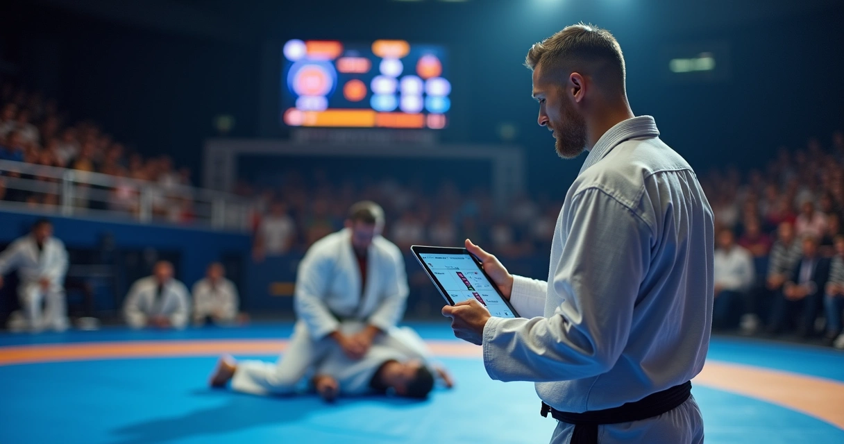 Juiz de Jiu-Jitsu usando tablet para pontuação eletrônica 