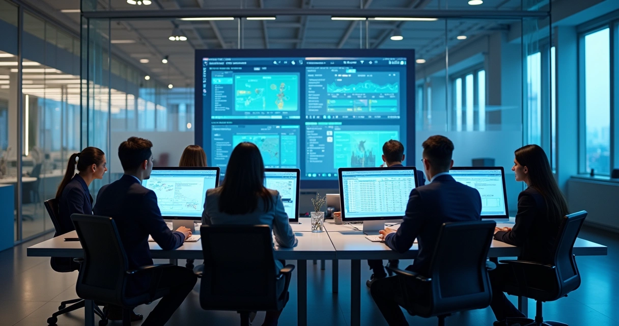 Equipe trabalhando em frente a grandes monitores com gráficos jurídicos e arquivos digitais 