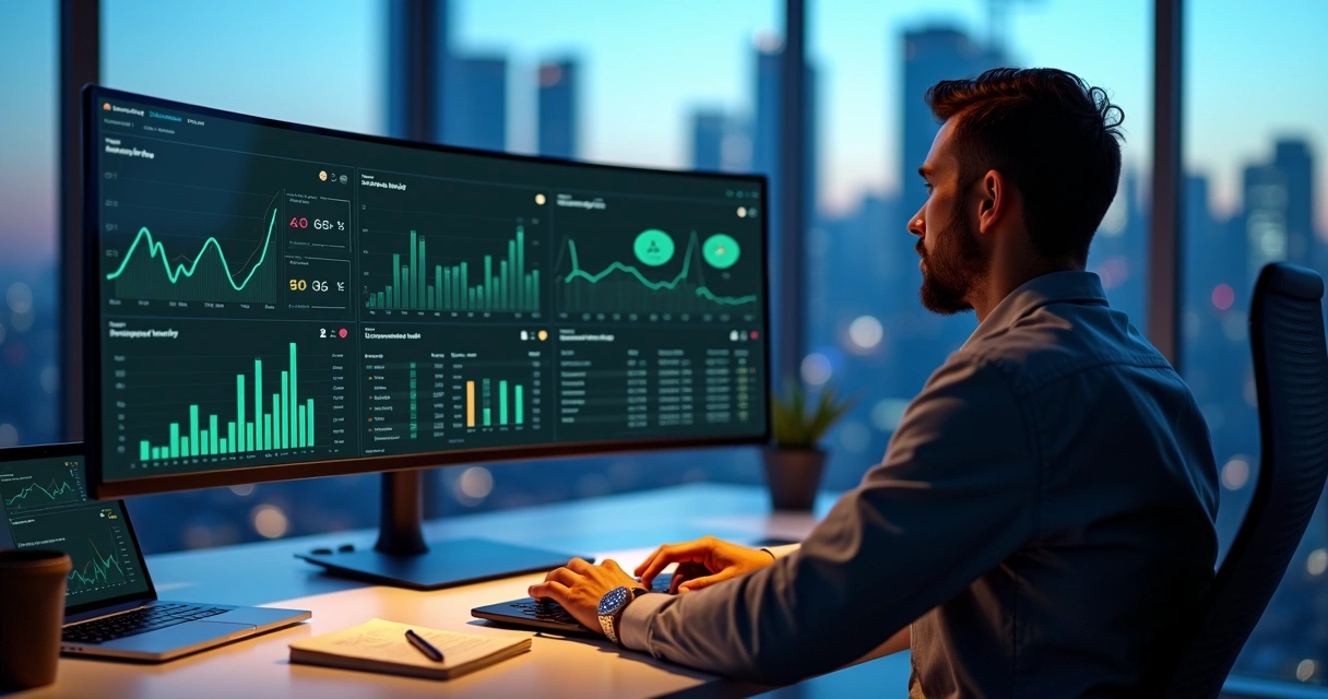 Gestor analisando painel de KPIs de e-commerce com gráficos em destaque 