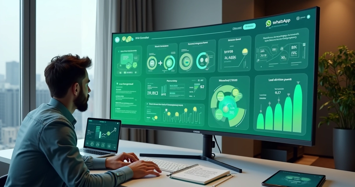 Profissional de marketing gerenciando vários grupos de WhatsApp em painel de automação 