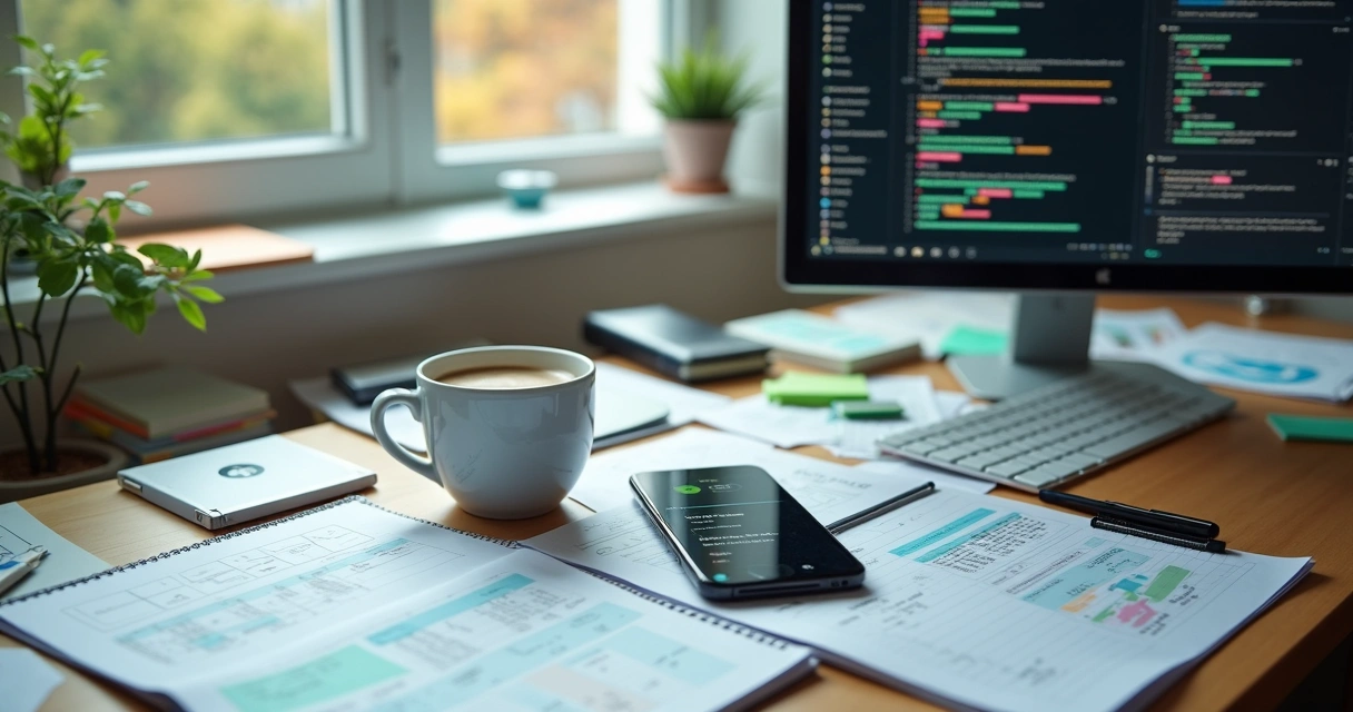Mesa de trabalho desorganizada com anotações e computador com várias abas abertas