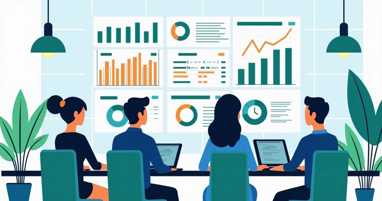 Uma equipe de contabilidade de diferentes escritórios analisando juntos um dashboard de leads 