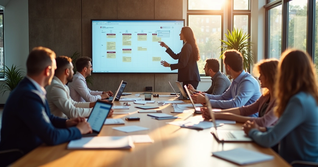 Equipe de vendas imobiliária em volta de uma mesa, discutindo leads em papéis e computadores 