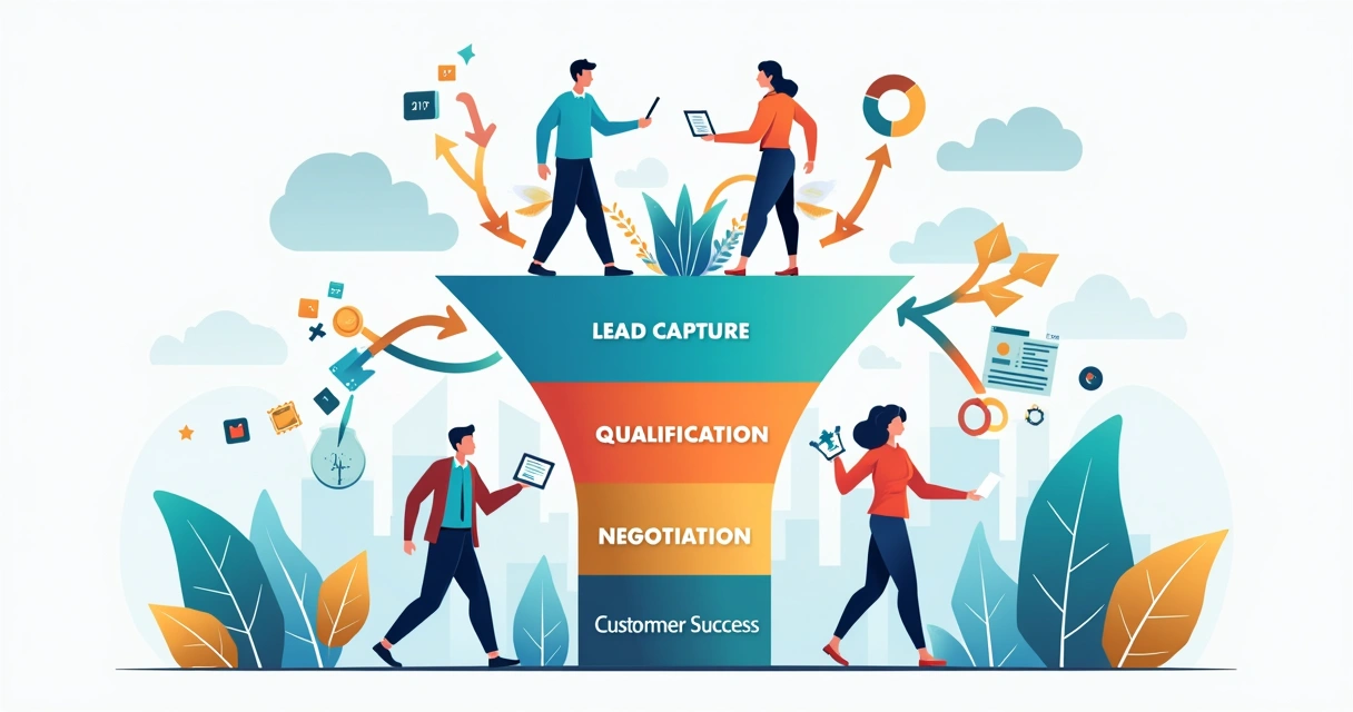 Representação visual do funil de vendas com etapas e leads avançando 