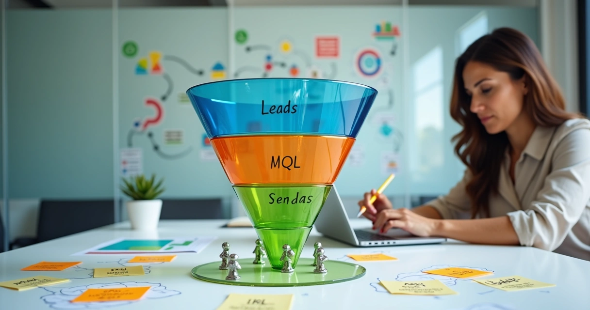 Funil de leads colorido sobre mesa de reuniao com empresaria analisando dados 