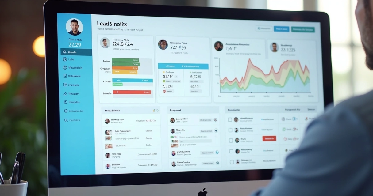 Painel de gestão de leads com gráficos coloridos e contatos organizados 