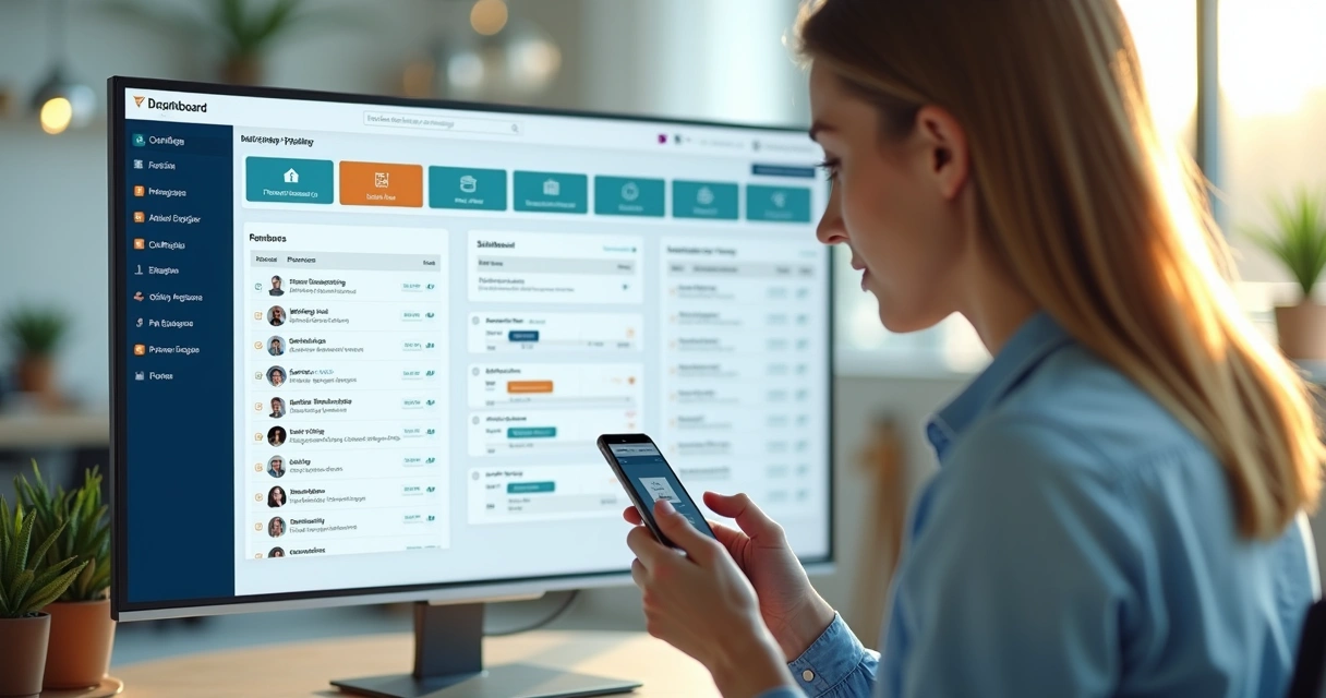 Tela de sistema de CRM mostrando funil de vendas visual e gerenciamento de leads ao lado de um corretor usando o celular