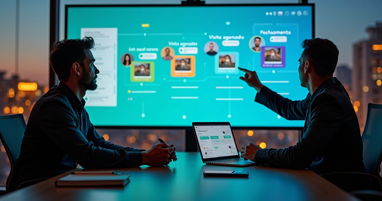 Painel de funil de vendas imobiliárias em tela gigante com leads organizados por etapas 
