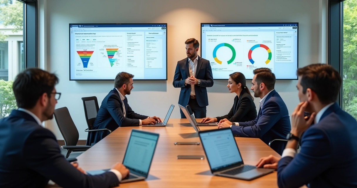 Equipe de vendas imobiliárias trabalhando com computadores e gráficos na tela mostrando gestão de leads 