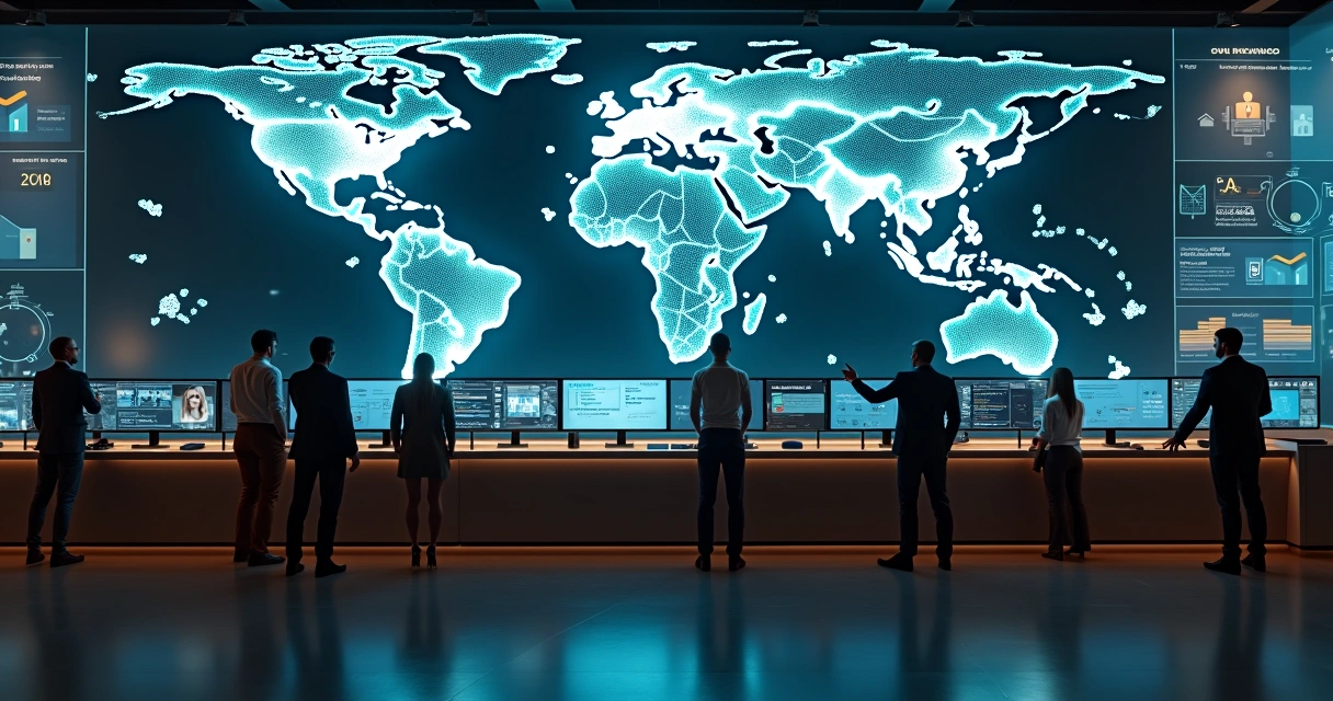 Mapa de várias filiais imobiliárias conectadas a um painel digital de gestão de leads 