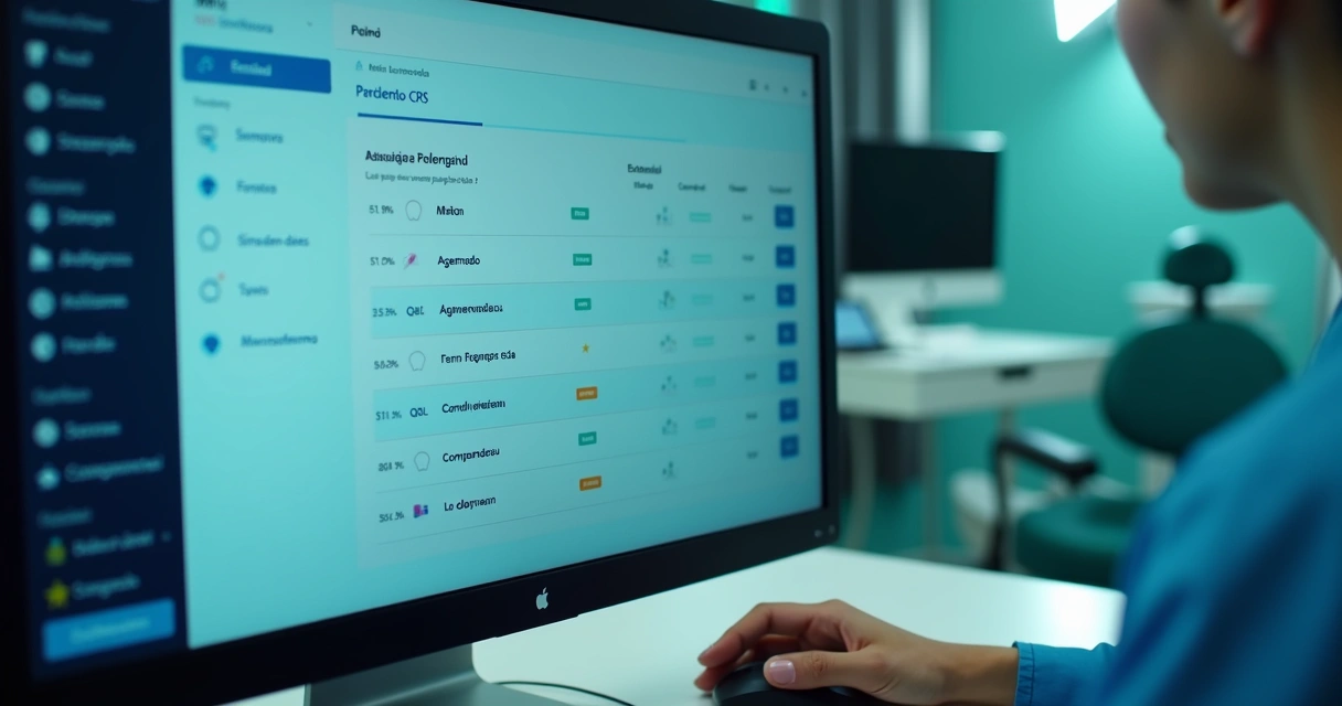 Tela de computador mostrando CRM odontológico com leads segmentados 