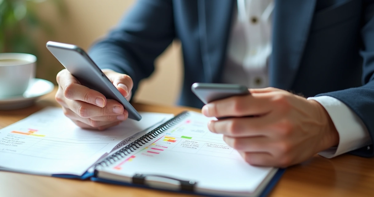 Pessoa usando celular e notebook ao mesmo tempo, consultando lista de contatos de vendas 
