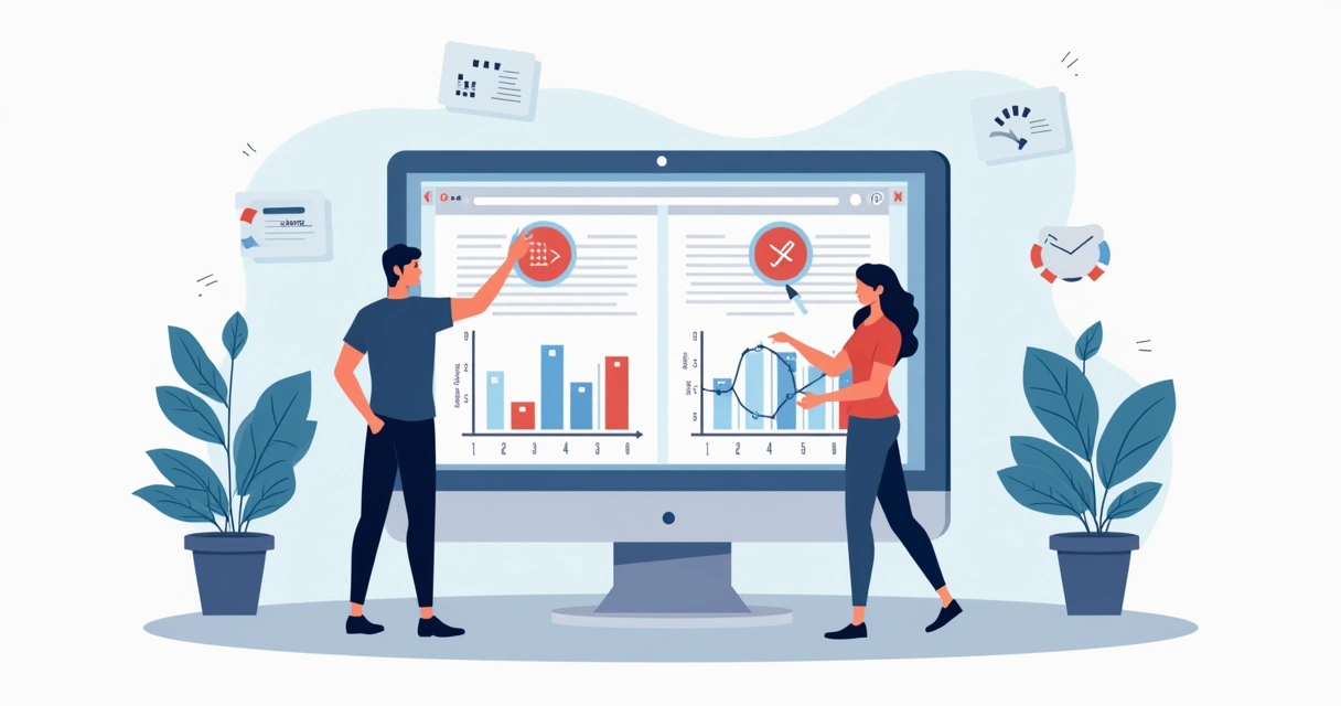 Ilustração corporativa mostrando equipe analisando leads em tela de computador com gráficos e ícones de aprovação e rejeição 