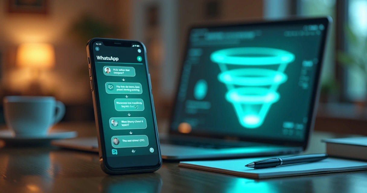 Tela de celular mostrando mensagens de WhatsApp com gráficos de funil de vendas ao fundo 