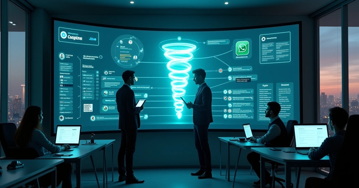 Gestor analisa painel de leads do WhatsApp em grande tela com funil de vendas 