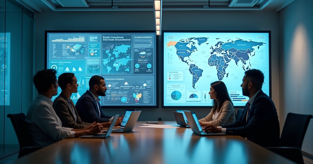 Grupo de profissionais analisando telas de sistemas integrados em uma sala de reuniões. 