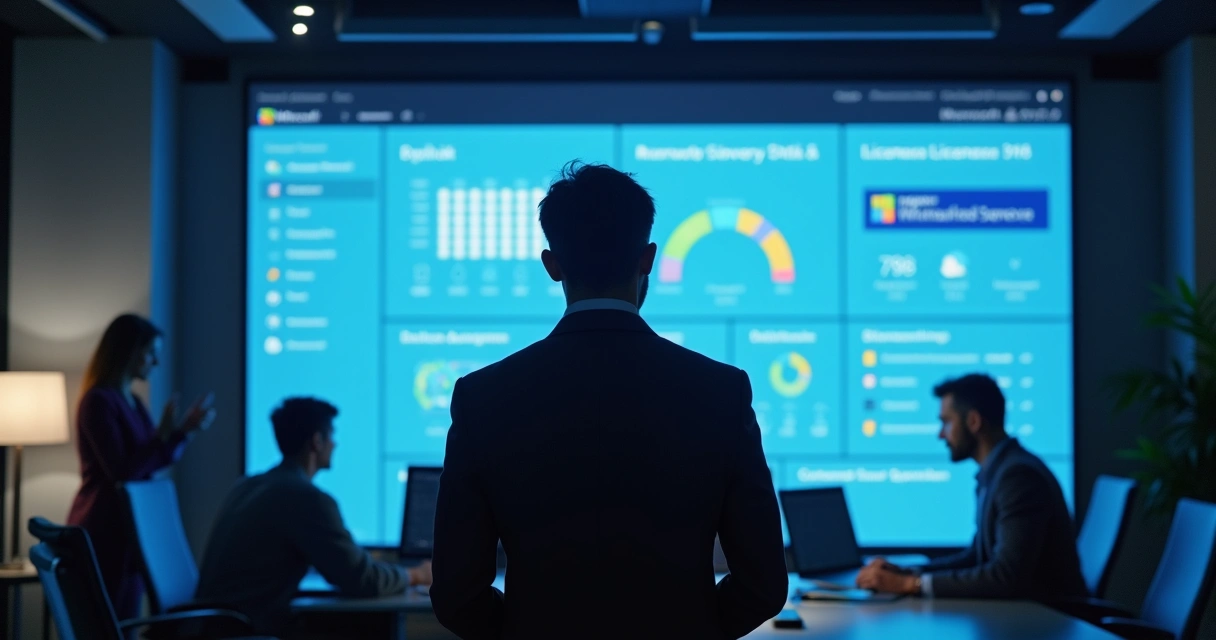 Gestor utilizando painel de administração de software em tela grande 