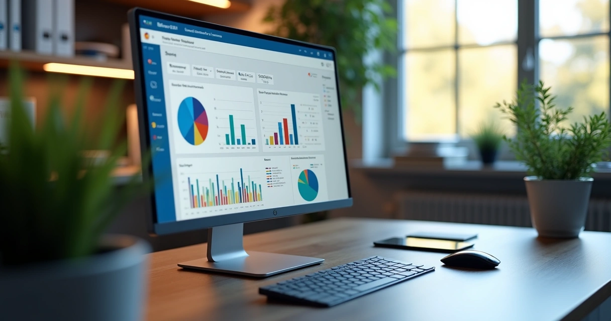 Tela de computador exibindo painel de controle Microsoft 365 com gráficos e status de licenças 