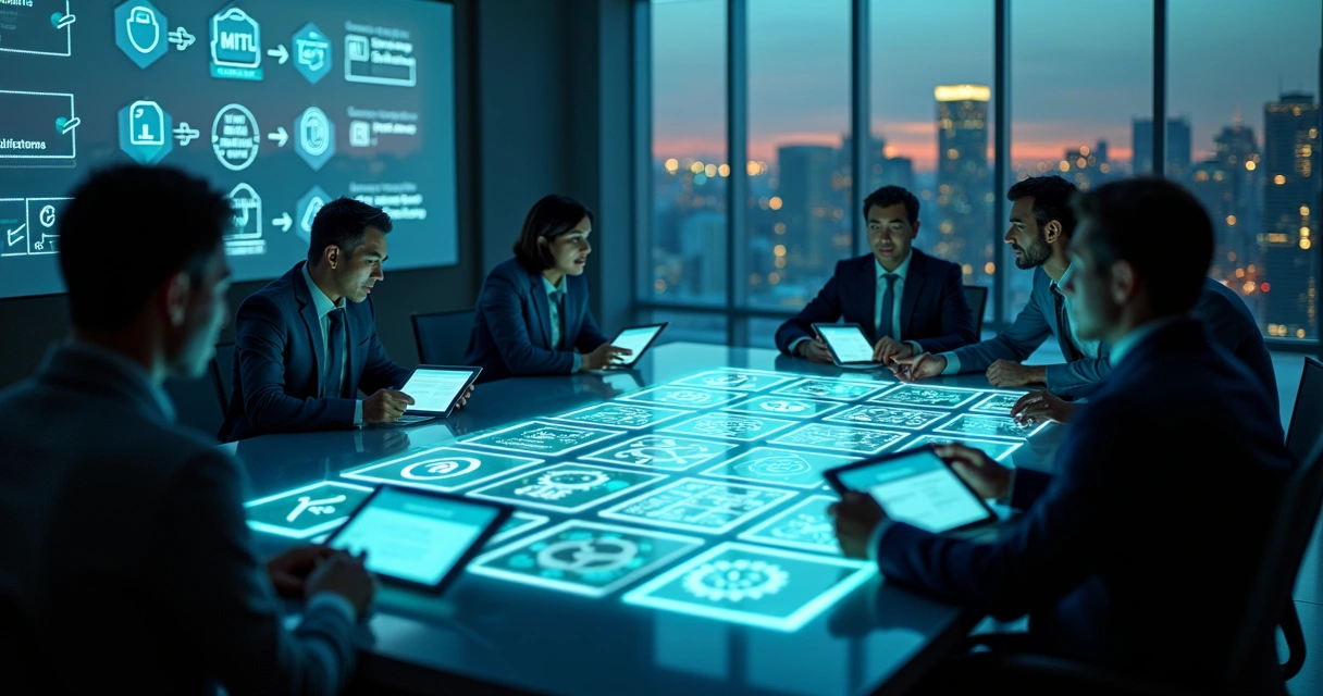 Mesa com tabuleiro digital exibindo ícones de licenças open source organizados 