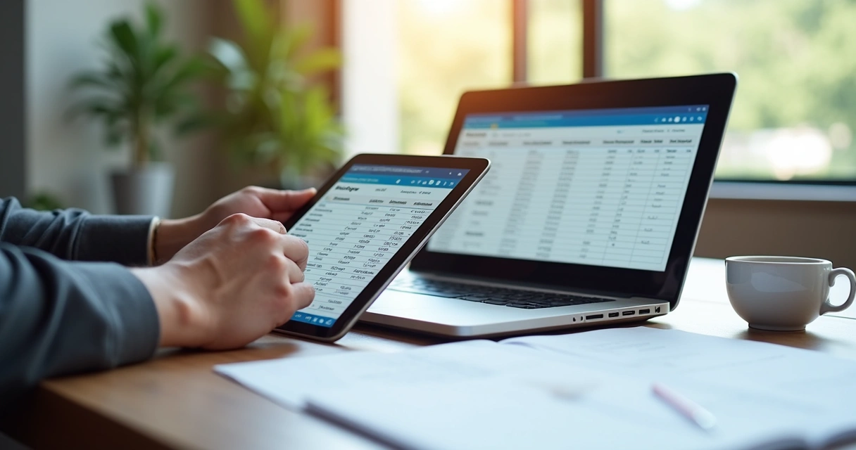 Planilha digital de inventário de licenças sendo conferida em tablet 