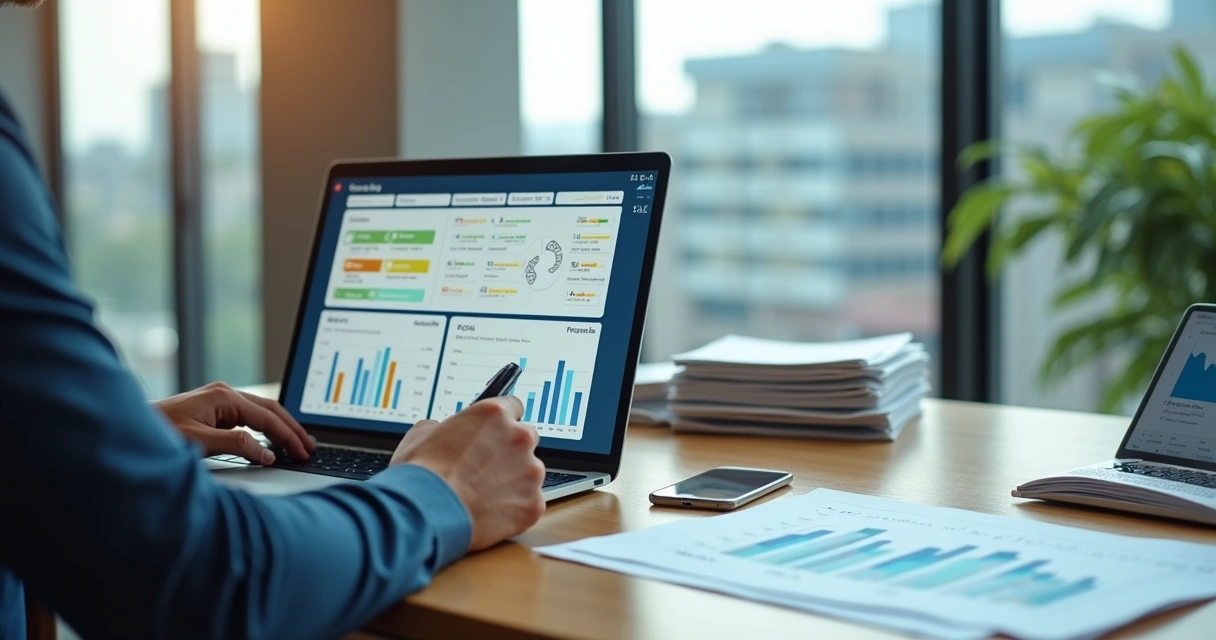 Emprestador analisando limites de crédito de clientes no computador com gráficos financeiros 