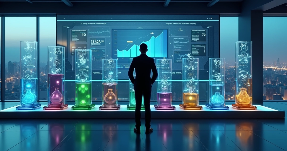 Gestor observando tanques transparentes cheios de líquidos coloridos ligados a gráficos financeiros 
