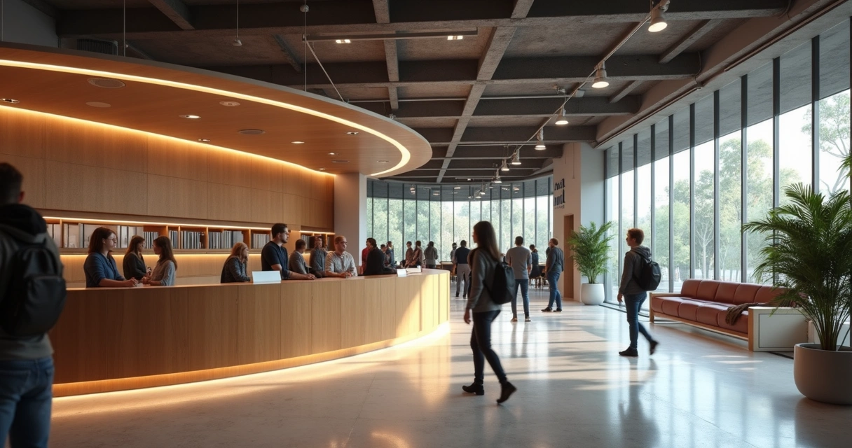Fila organizada em recepção moderna com pessoas aguardando atendimento de forma eficiente 