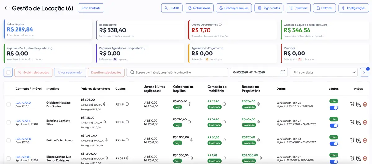 Tela do sistema ImoFlow mostrando gestão de locação com contratos, valores, cobranças e status ativos para inquilinos