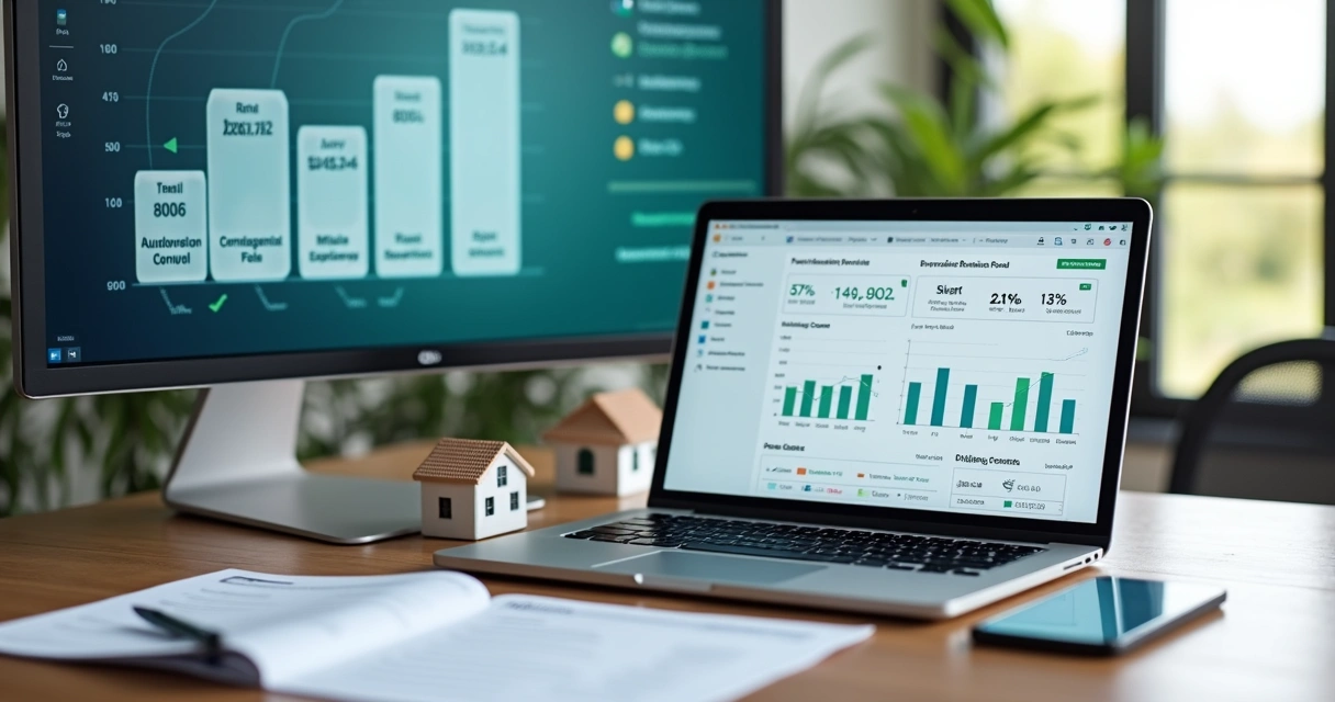 Painel de gestão de locação imobiliária em notebook com gráficos e contratos digitais na tela 