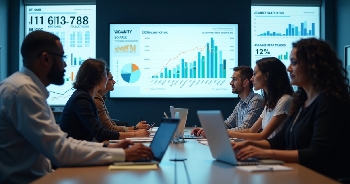 Gráfico de vacância e inadimplência imobiliária com equipe analisando dados em sala de reunião. 
