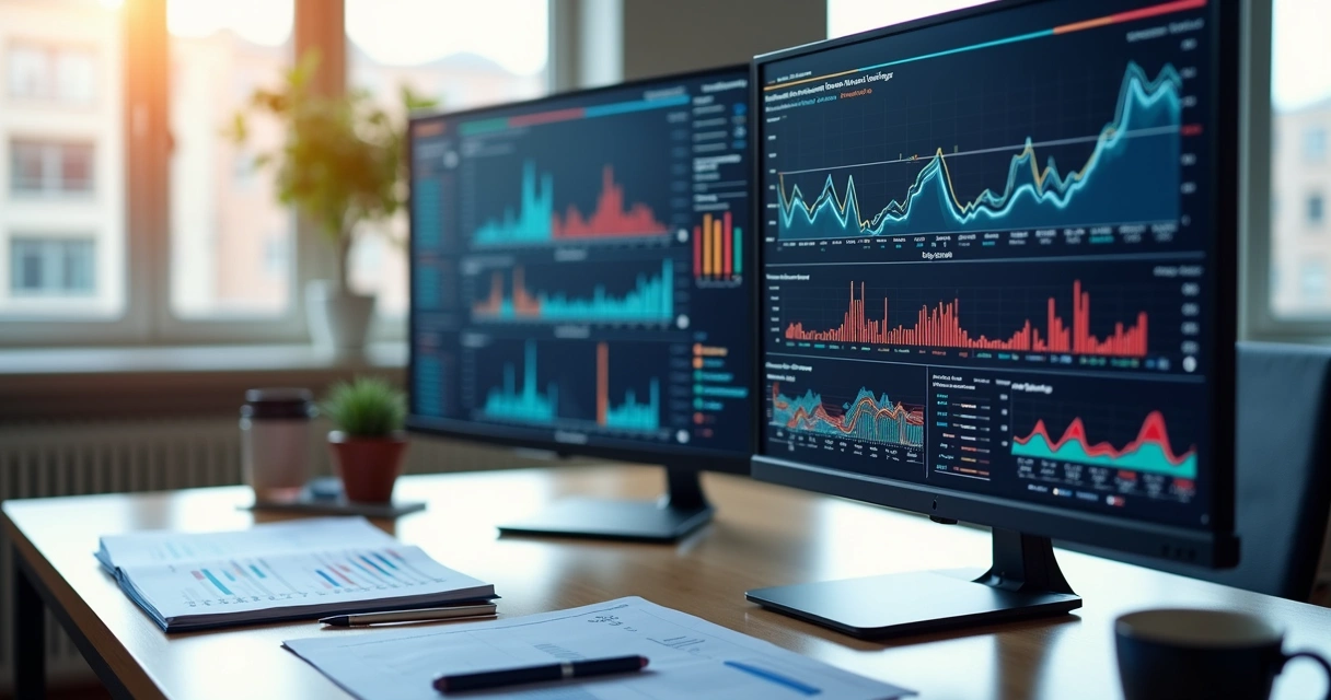 Tela de computador exibindo painel de gestão logística moderno, com gráficos e rotas 