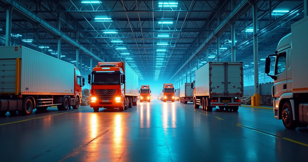 Painel digital mostrando rotas de caminhões em marketplace 