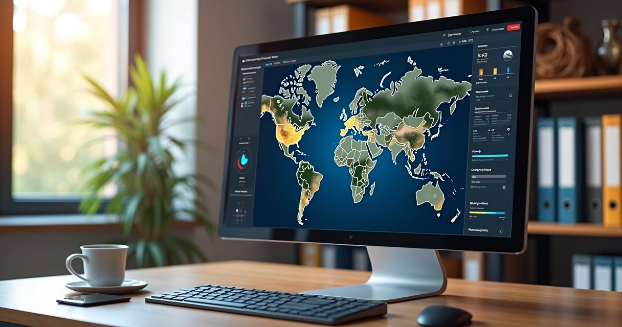 Tela de computador mostrando software SaaS de gestão logística com mapas de rastreamento, gráficos e controle de frota 