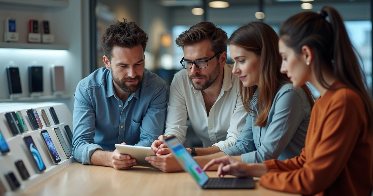 Equipe analisando relatórios de vendas em loja de celular 