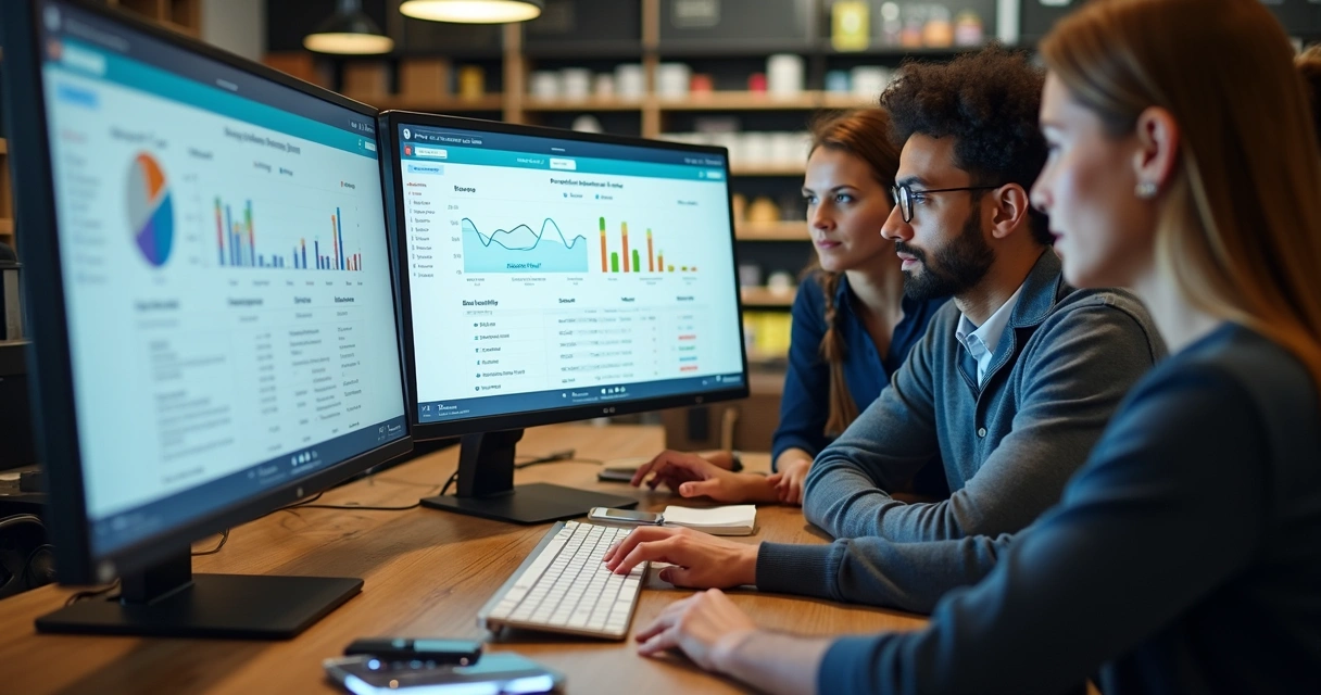 Equipe analisando tela de computador com dashboard de gestão de loja de celular 