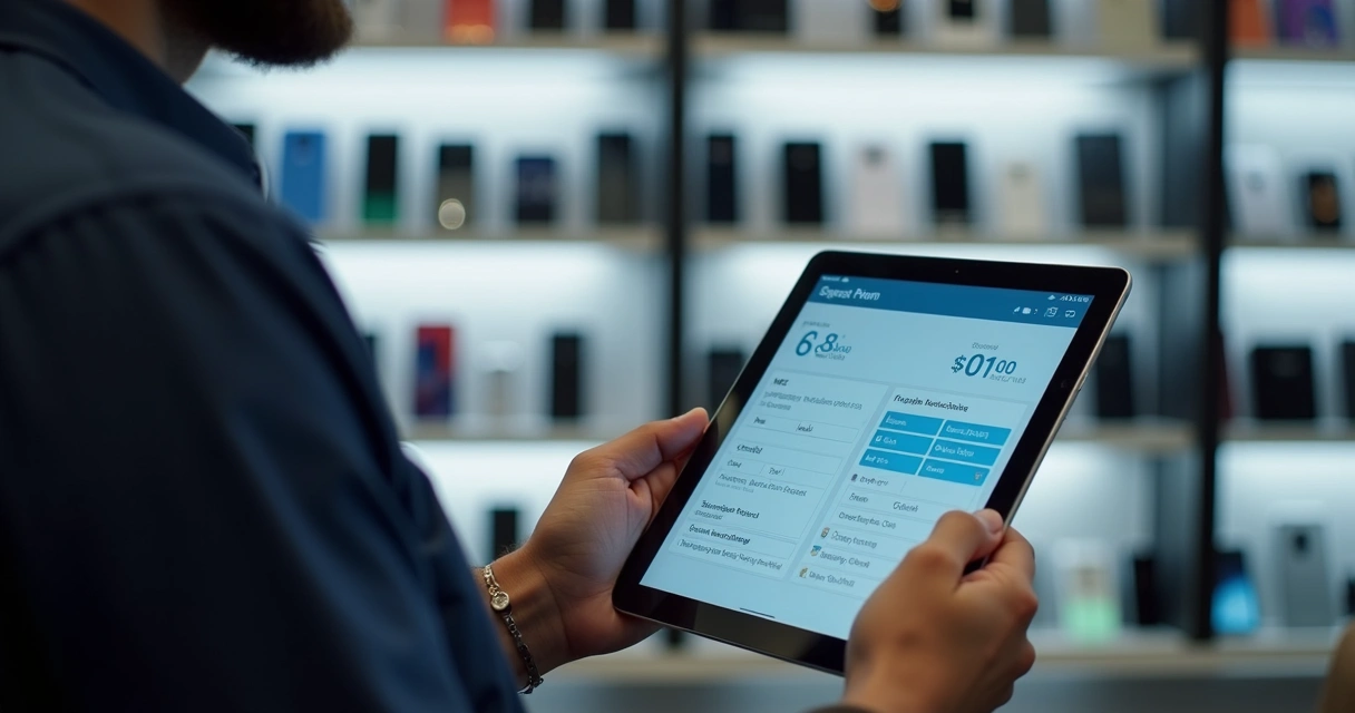 Vendedor de loja de celular consultando sistema digital com informações detalhadas do produto