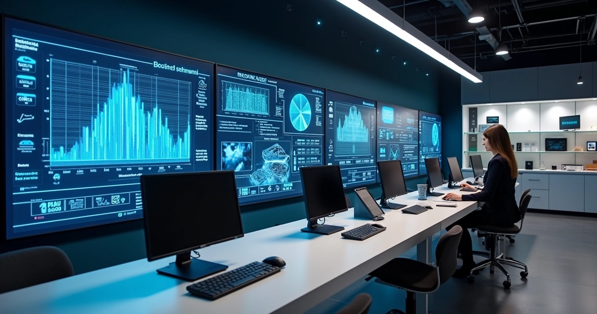 Equipe de loja de celulares usando painel de gestão em computadores